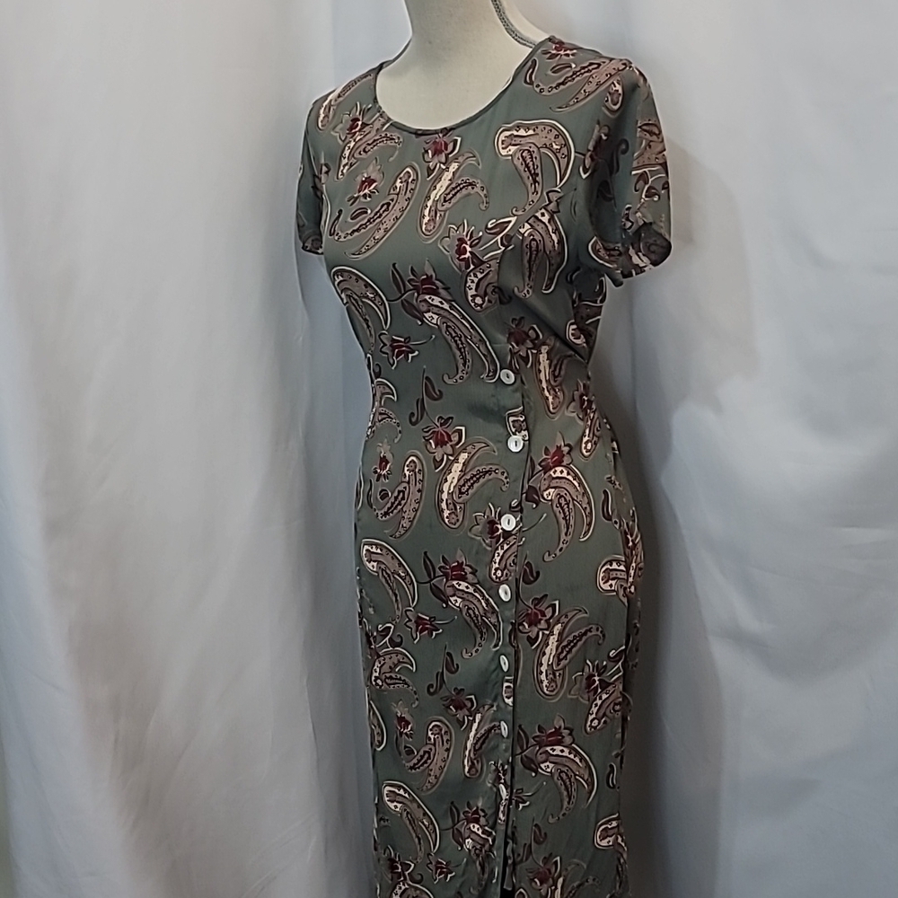 VINTAGE* FRENCH CONNECTION paisley sage midi maxi dress button up slit